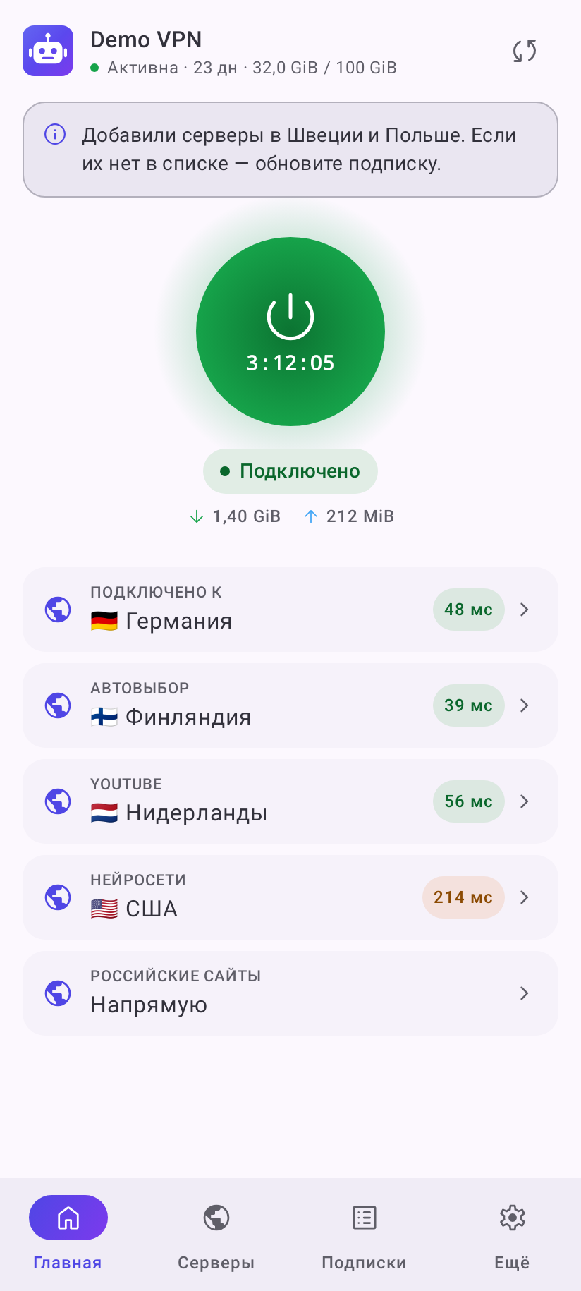 Включено «Все группы на Главной»: под главной группой — выбранный сервер каждой группы